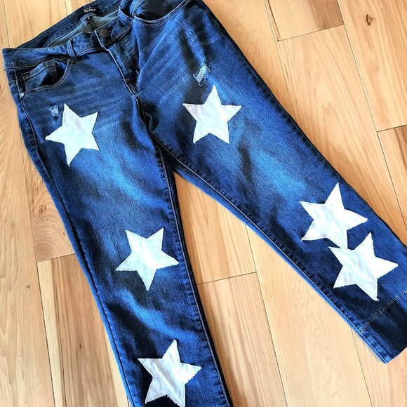Upcycled Patchwork Jeans 1822, Size 10: Reworked Cropped Ankle Pants White Stars - Picture 6 of 13